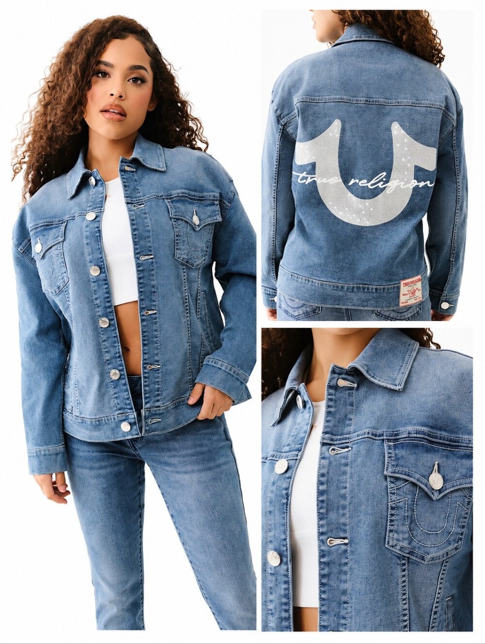 NWOT True Religion Oversized Womens Denim Glitter Metallic Logo Jacket Size S